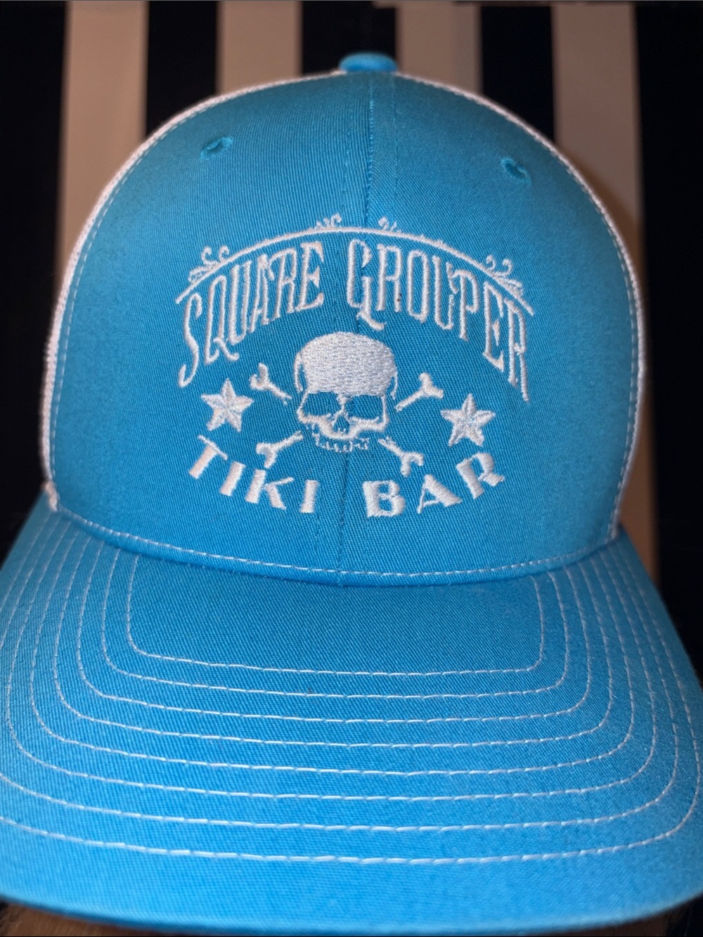 New Square Grouper Tiki Teal Blue Trucker Hat Florida Tourist Dive Bar Souvenir